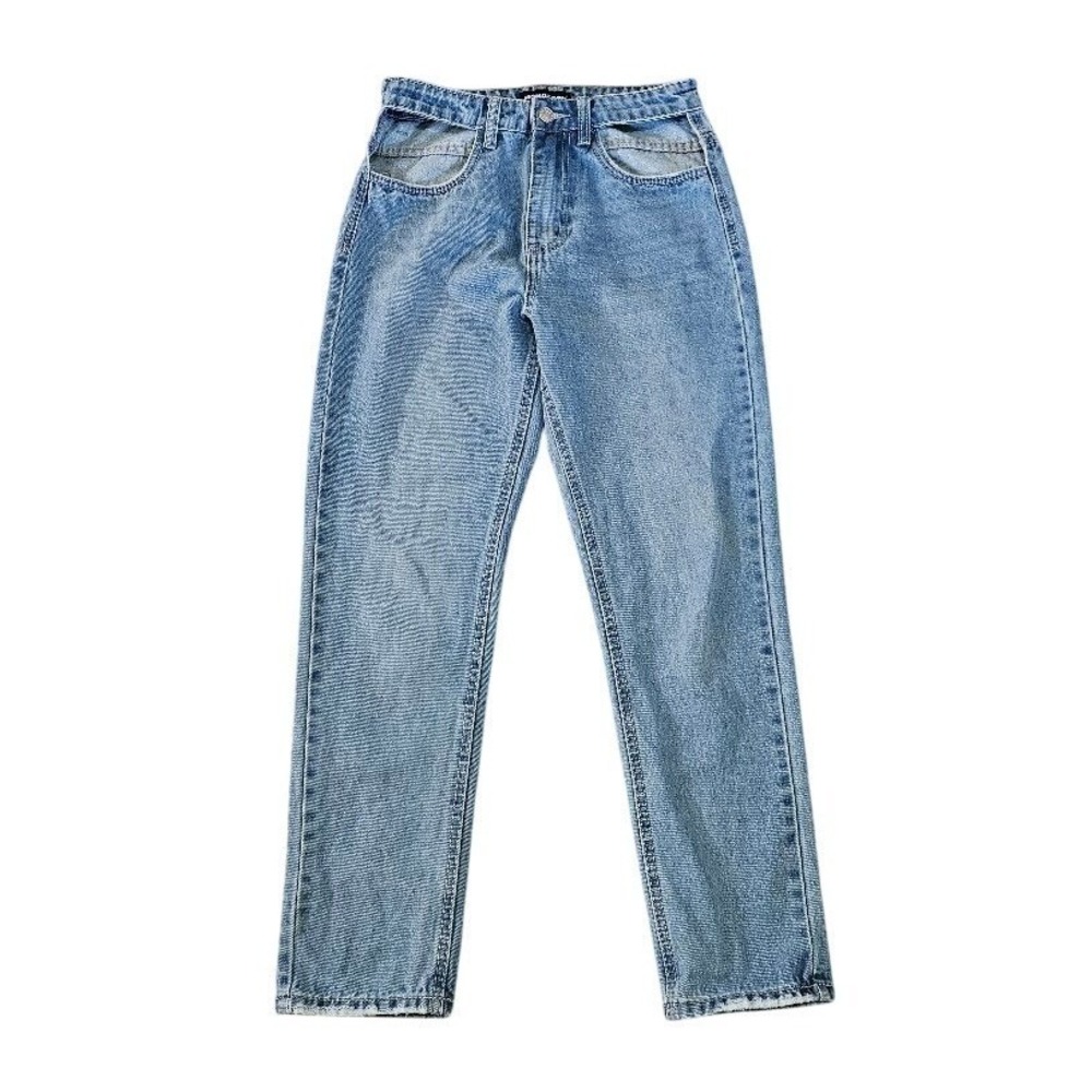Momokrom Women Cut Out Waist High Rise Straight Leg Jeans Light Wash Blue 26